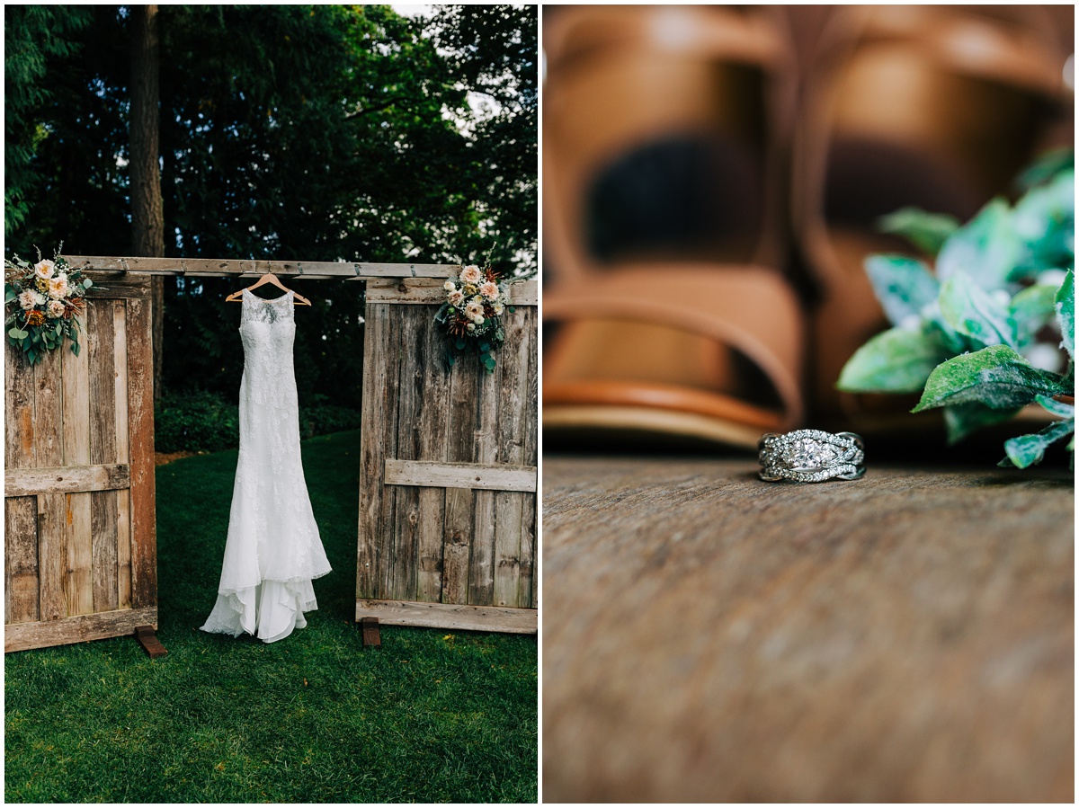 photo of brides dress and detail of ring and shoes | glenwood treefarm tacoma washington photographer