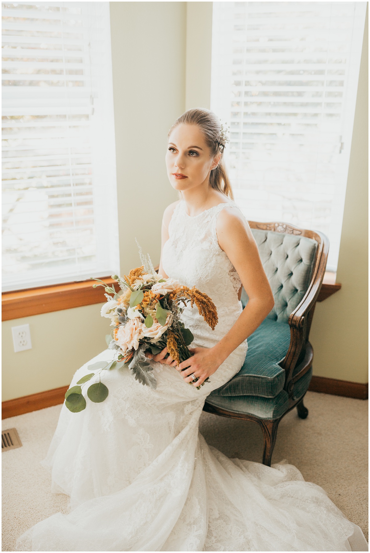 bride sitting with flowers in front of window | glenwood treefarm tacoma washington photographer