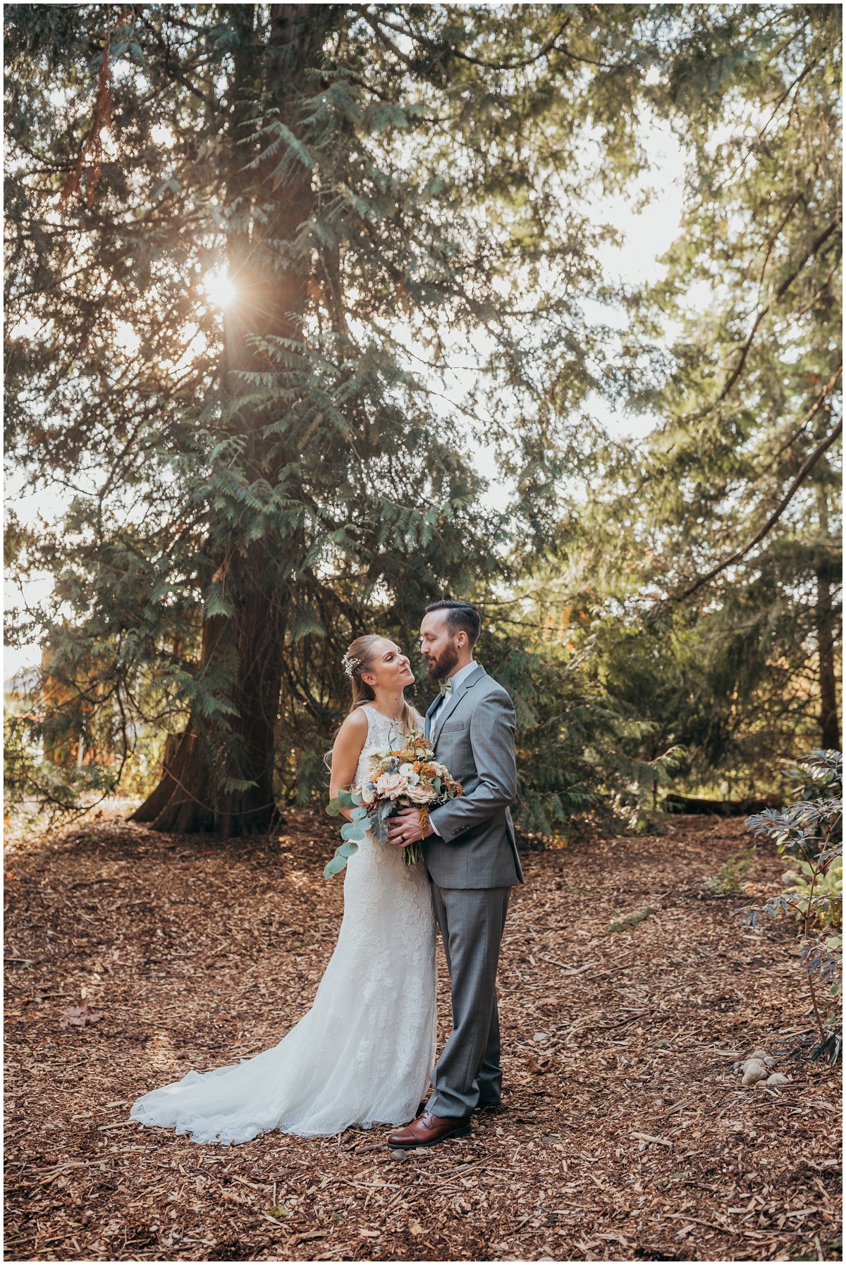 photo of bride and groom with sun in trees | glenwood treefarm tacoma washington photographer