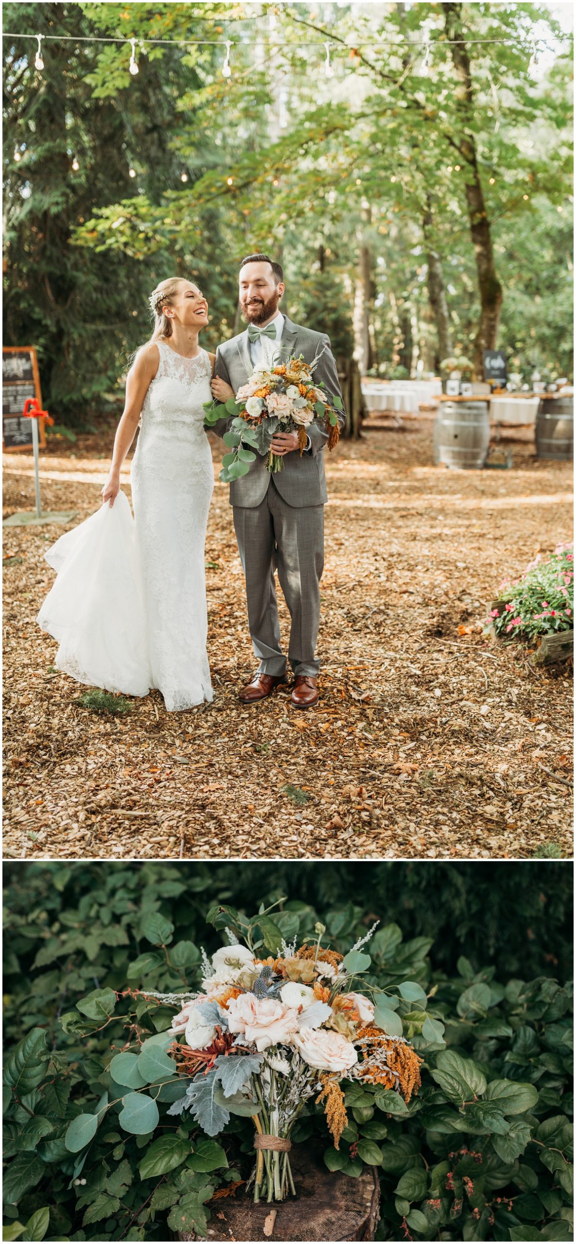 bride and groom walking and detail of bridal bouquet | glenwood treefarm tacoma washington photographer