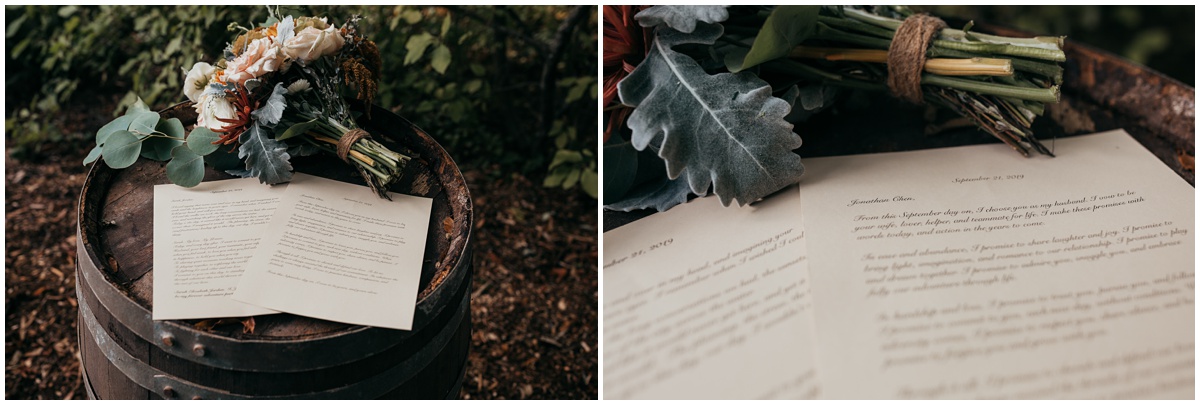 detail of wedding vows and bouquet | glenwood treefarm tacoma washington photographer