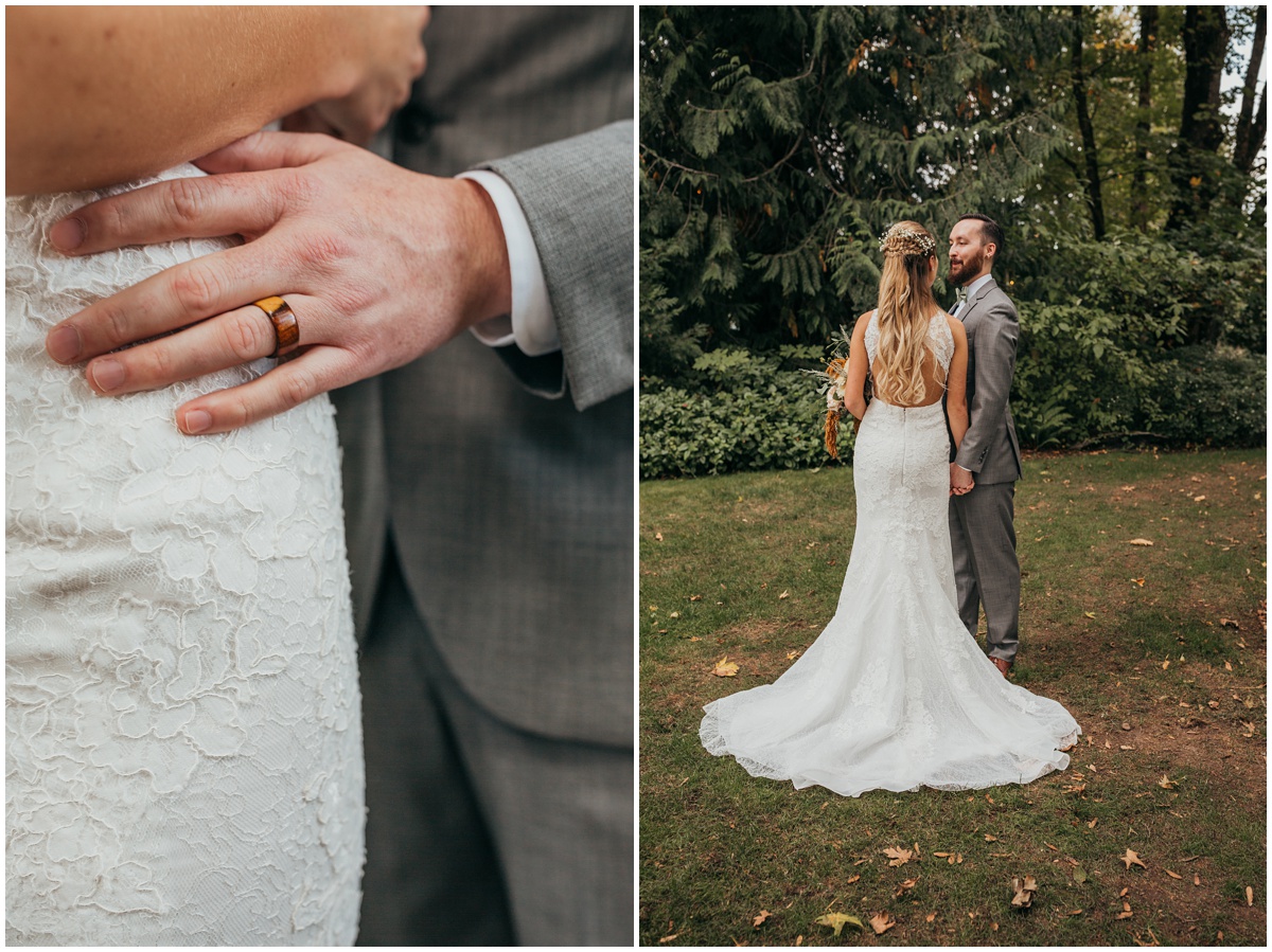 grooms hand touches brides waist and portrait | glenwood treefarm tacoma washington photographer