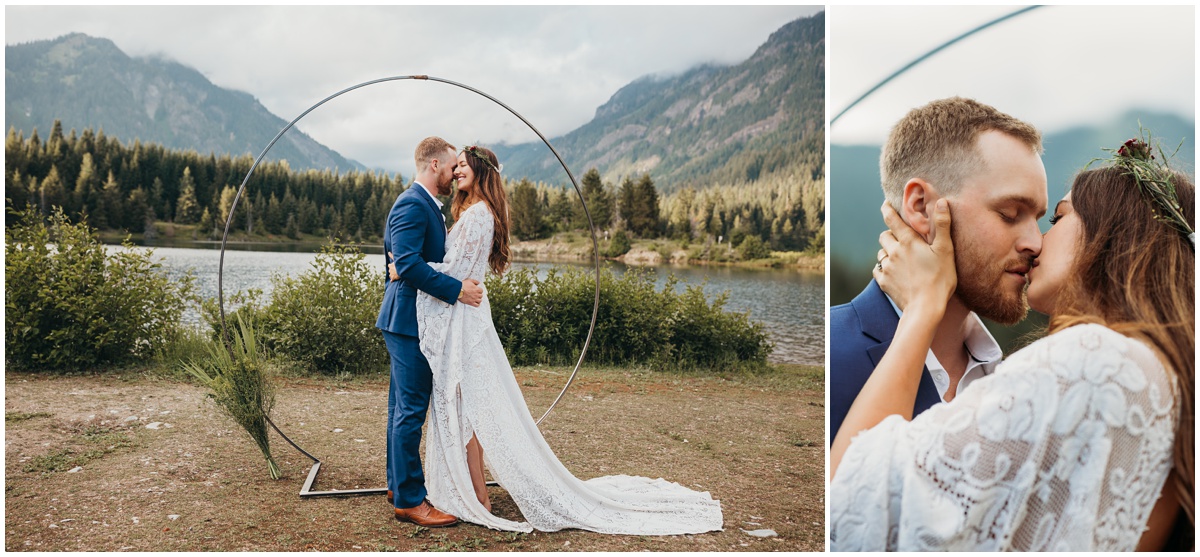 bride and groom standing by wedding arch | Gold Creek Pond Washington Elopement Photographer