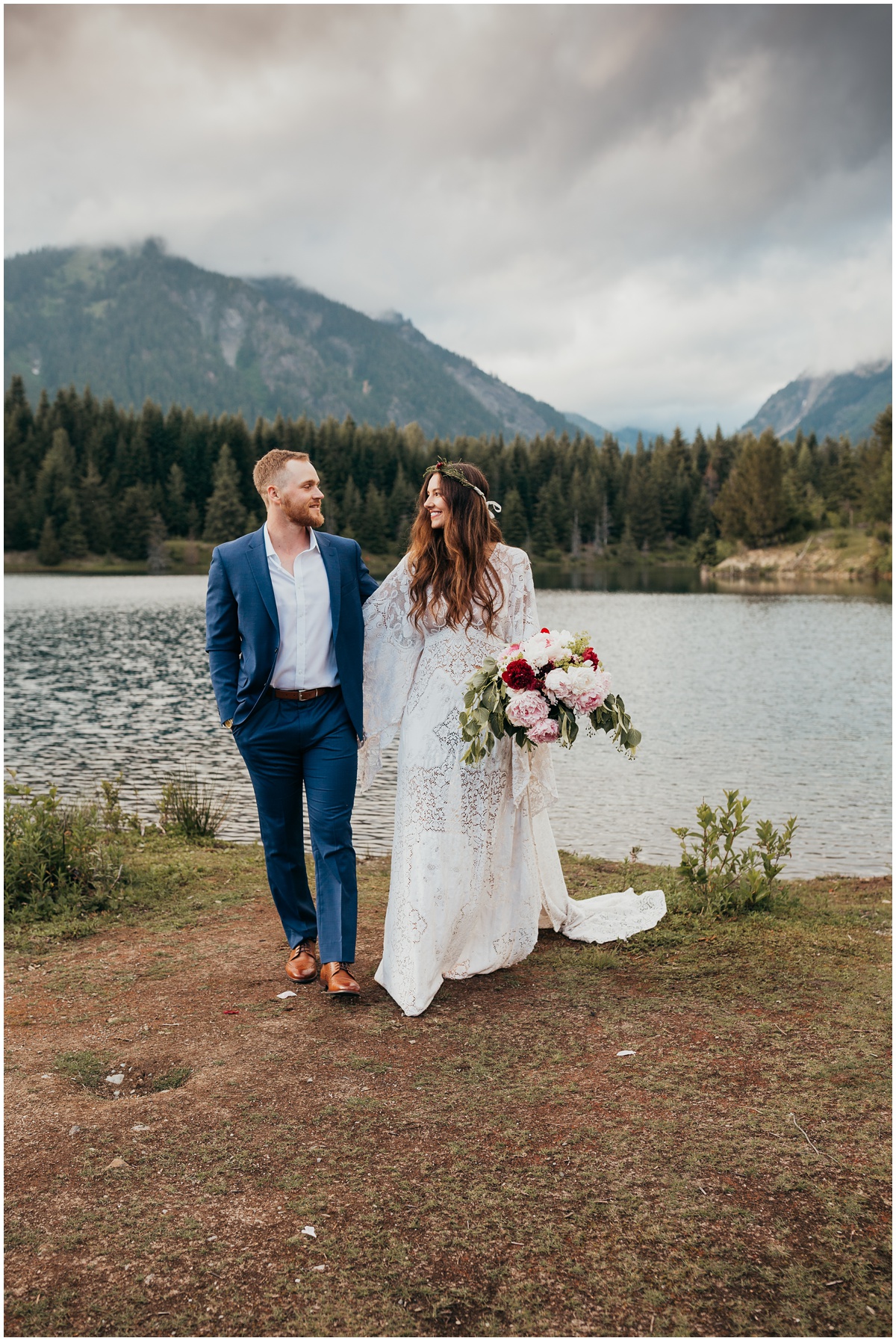 bride and groom portrait with bouquet | Gold Creek Pond Washington Elopement Photographer