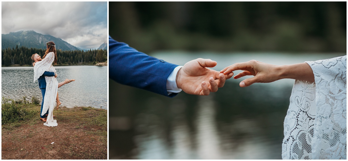 groom lifting bride and hands touching | Gold Creek Pond Washington Elopement Photographer