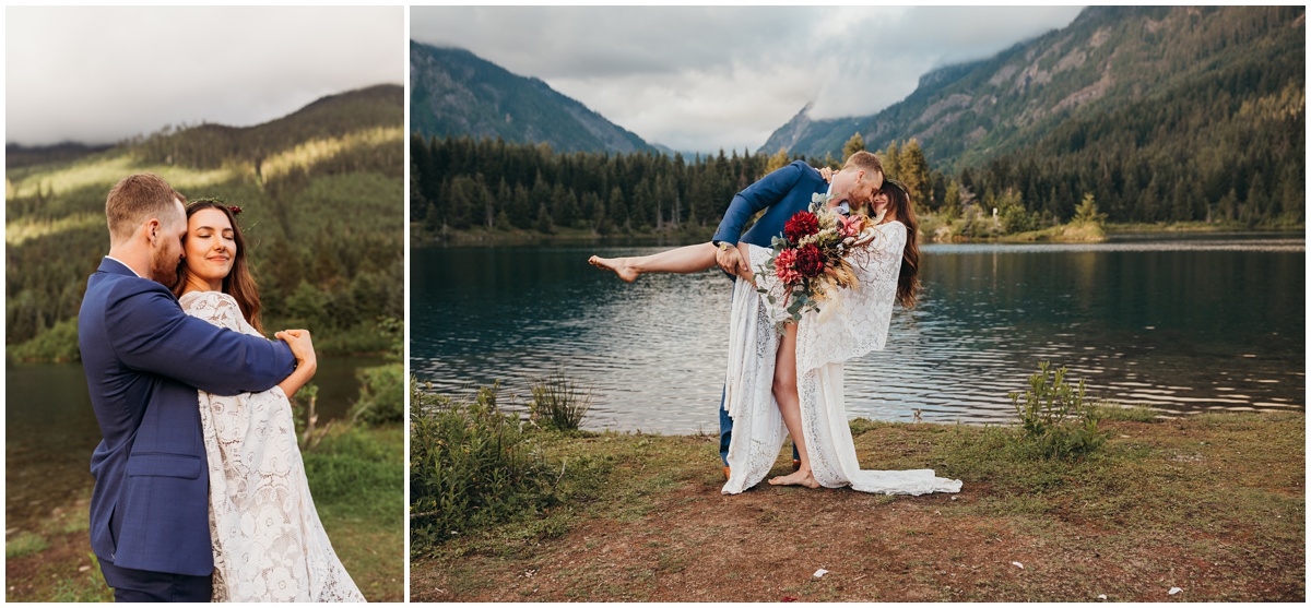 groom snuggles and dips bride by lake | Gold Creek Pond Washington Elopement Photographer