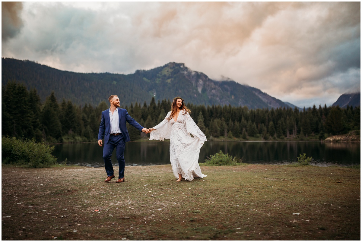 bride and groom walking away | Gold Creek Pond Washington Elopement Photographer