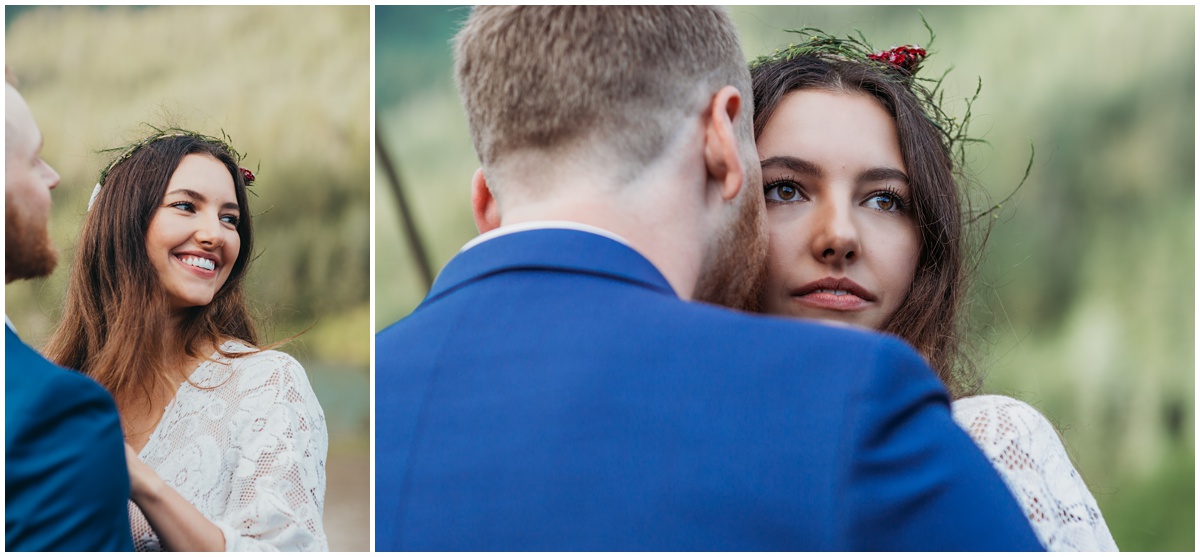 bride peeks around groom photo | Gold Creek Pond Washington Elopement Photographer