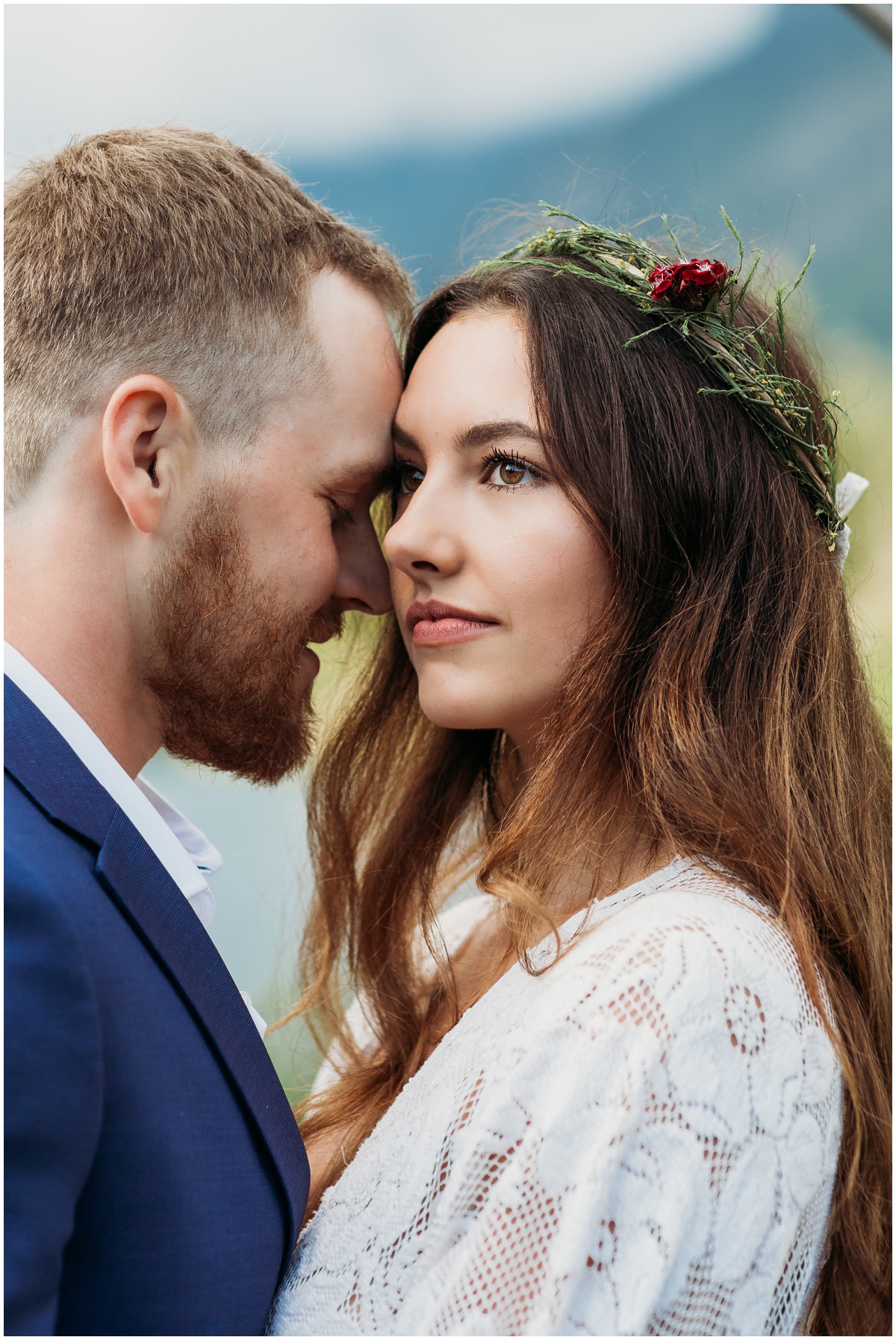 portrait of bride and groom together with flower crown | Gold Creek Pond Washington Elopement Photographer