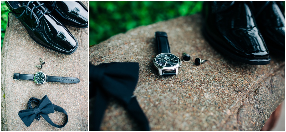 groom details of watch cuff links bow tie and shoes | Hidden Meadows Wedding Snohomish Washington