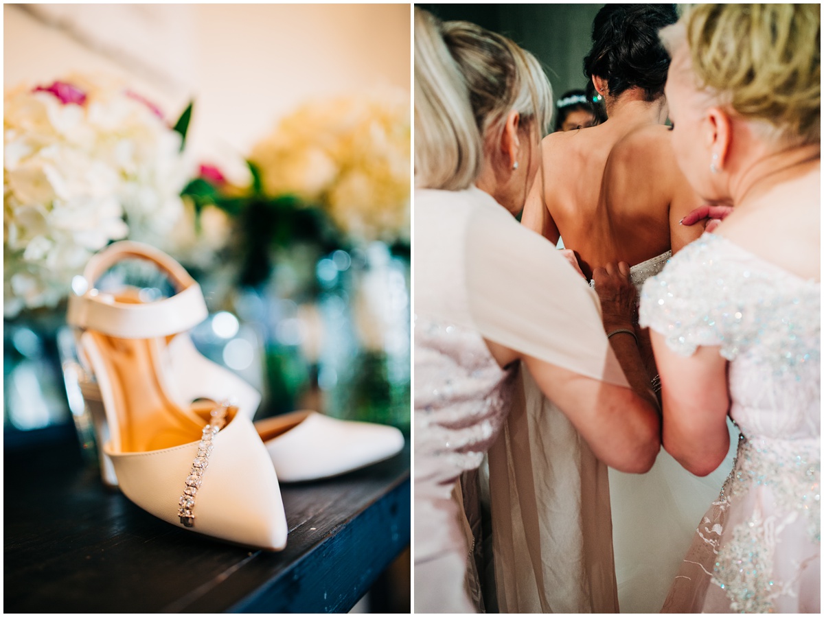 bridal details and auties and mother helping put on the dress | Hidden Meadows Wedding Snohomish Washington