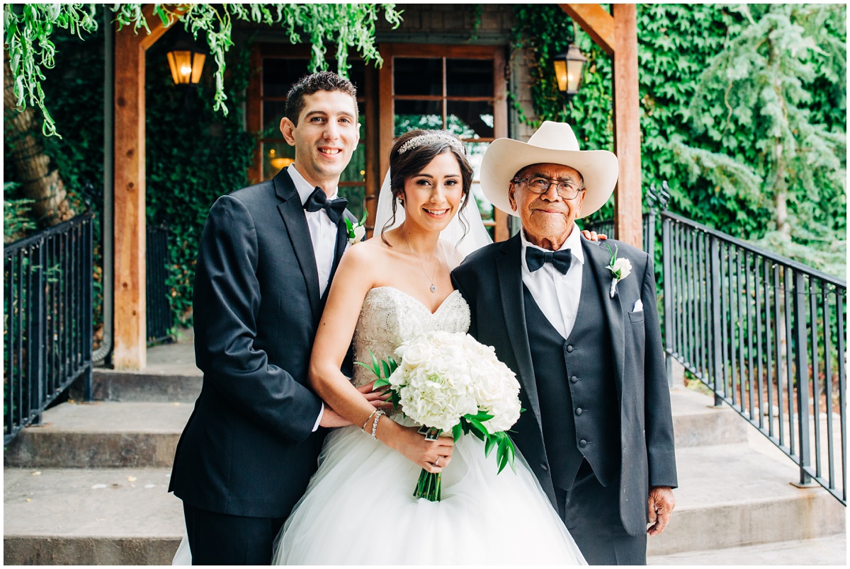bride and groom pose with grandfather | Hidden Meadows Wedding Snohomish Washington
