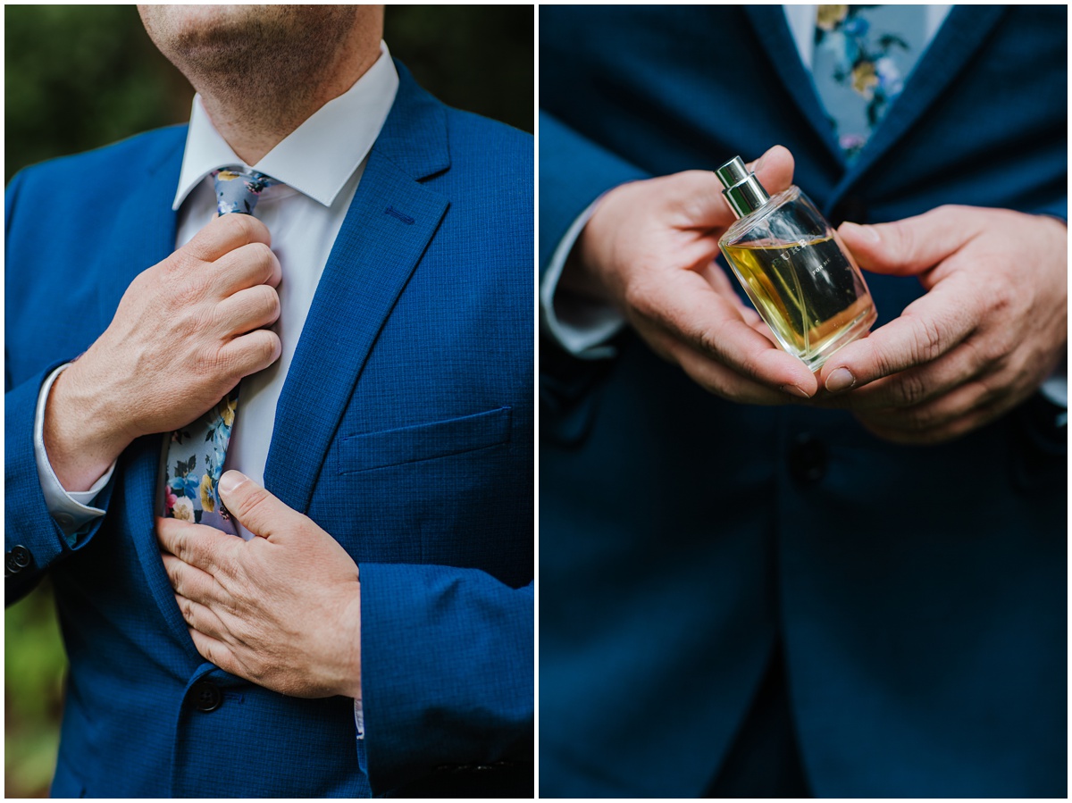 groom straighten tie and hold cologne