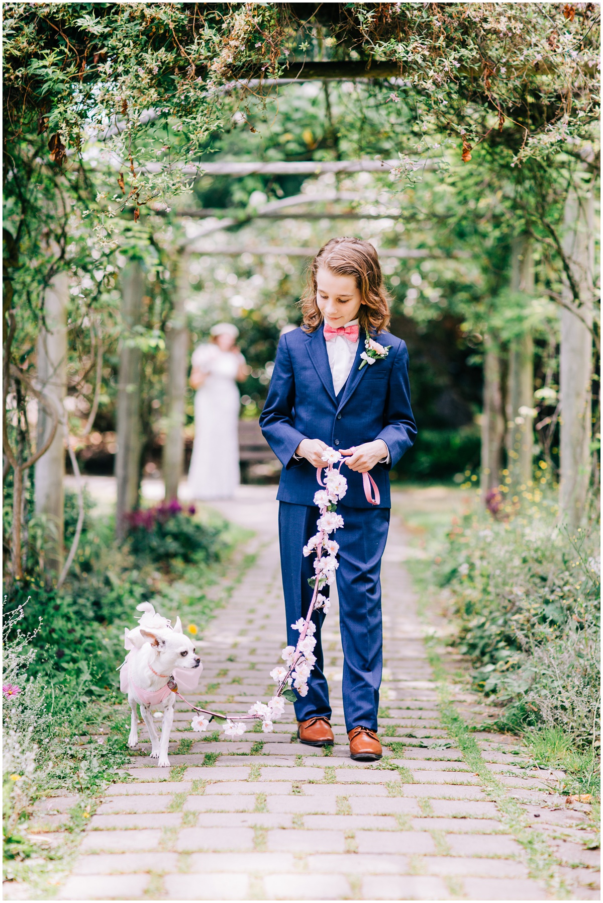 son and ring bearer dog wait for ceremony