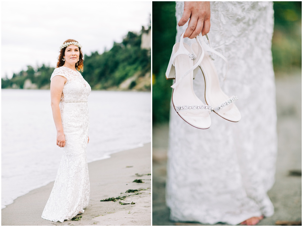 bride posing and holding shoes