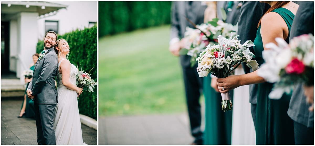 details of flowers and fun bride and groom pose