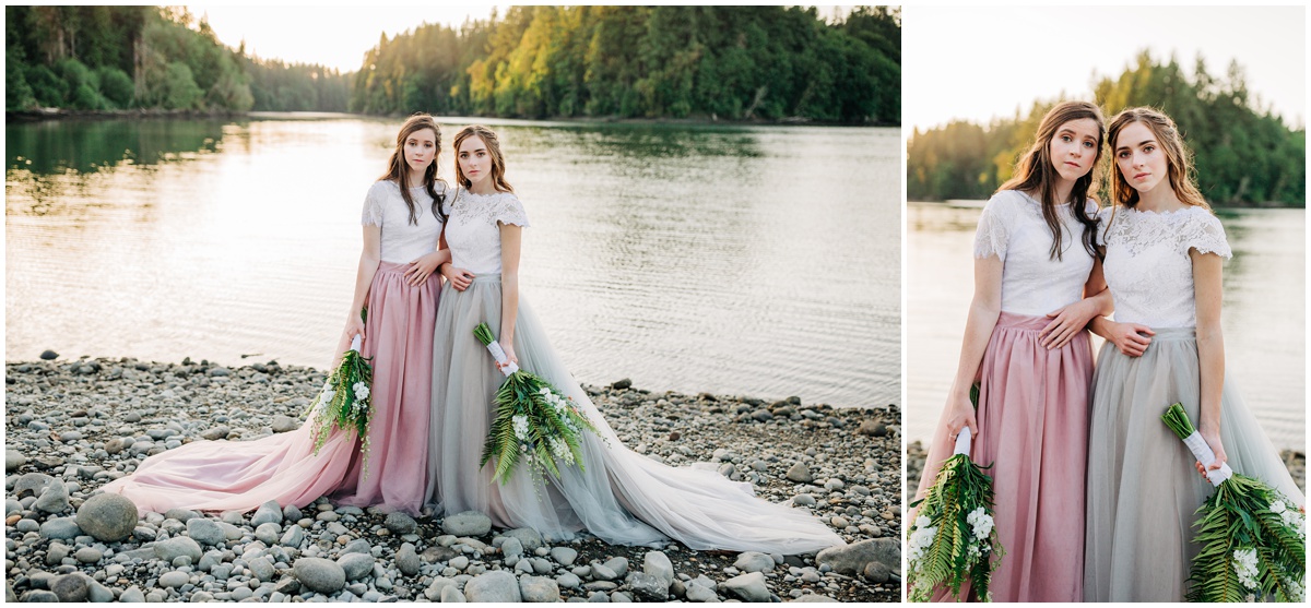 two brides near water at woodard bay