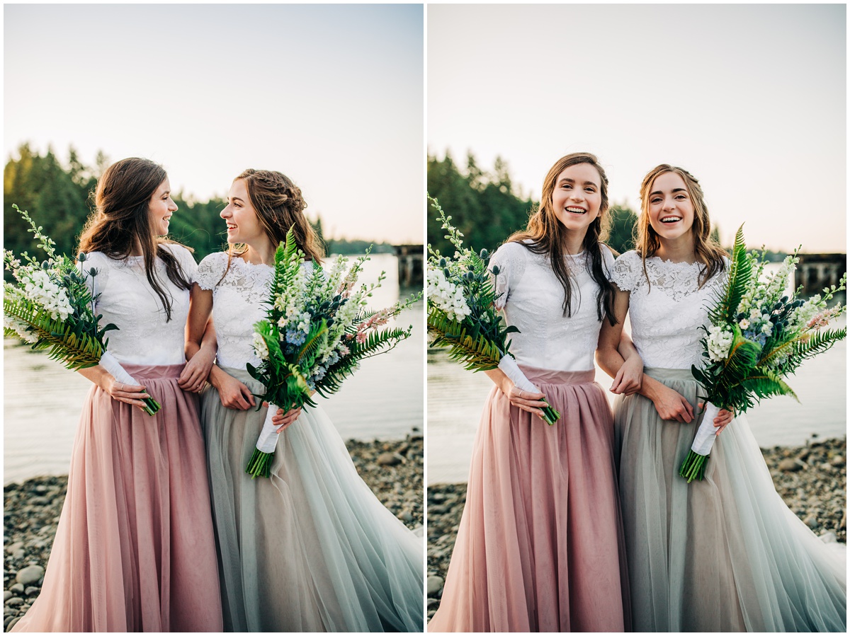 brides laugh at each other holding bouquets