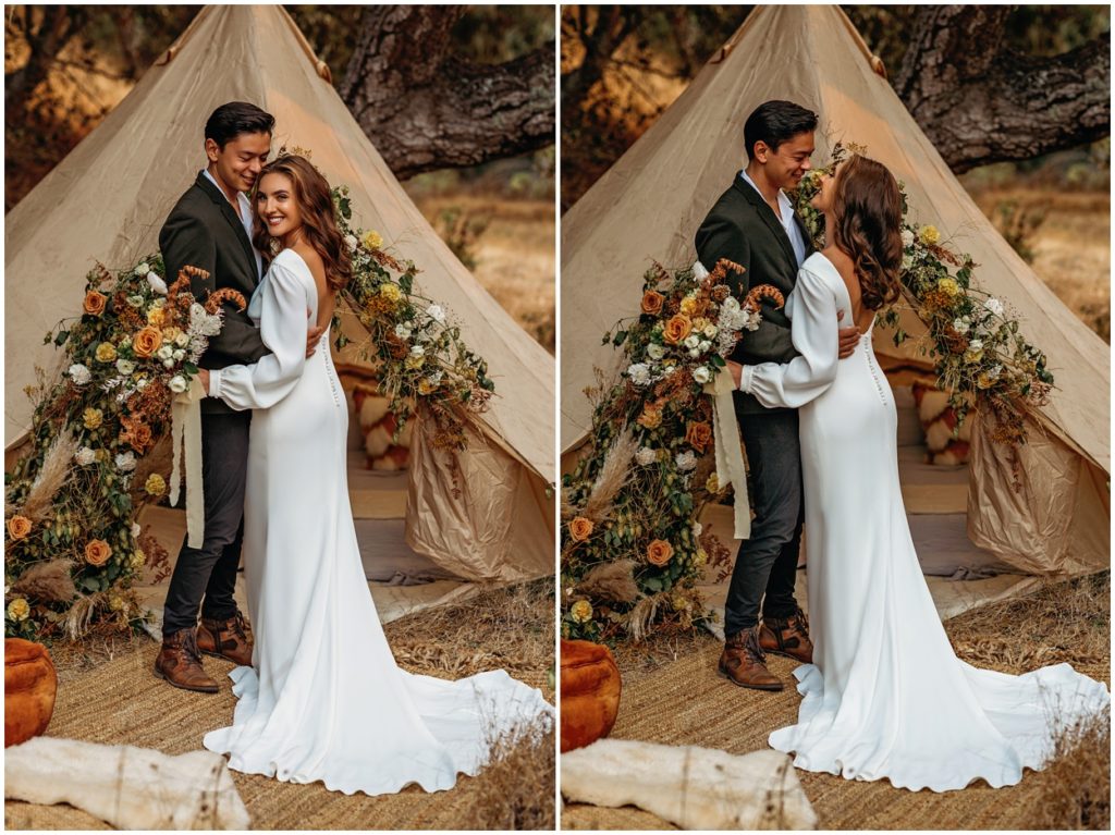 glamping bride and groom in Monterey California